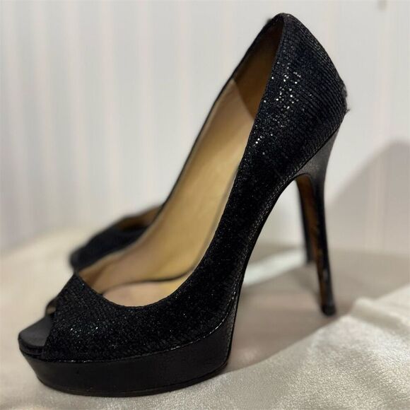 Jimmy Choo Black Glitter Peep Toe Platform Pumps Size 7 US Heels Made in Italy - Picture 6 of 15